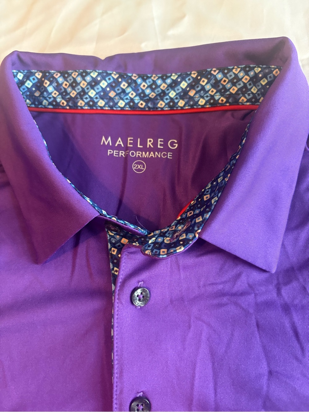 MAELREG Mens 2XL Purple Golf Polo Shirt Geometric Collar Performance Stretch